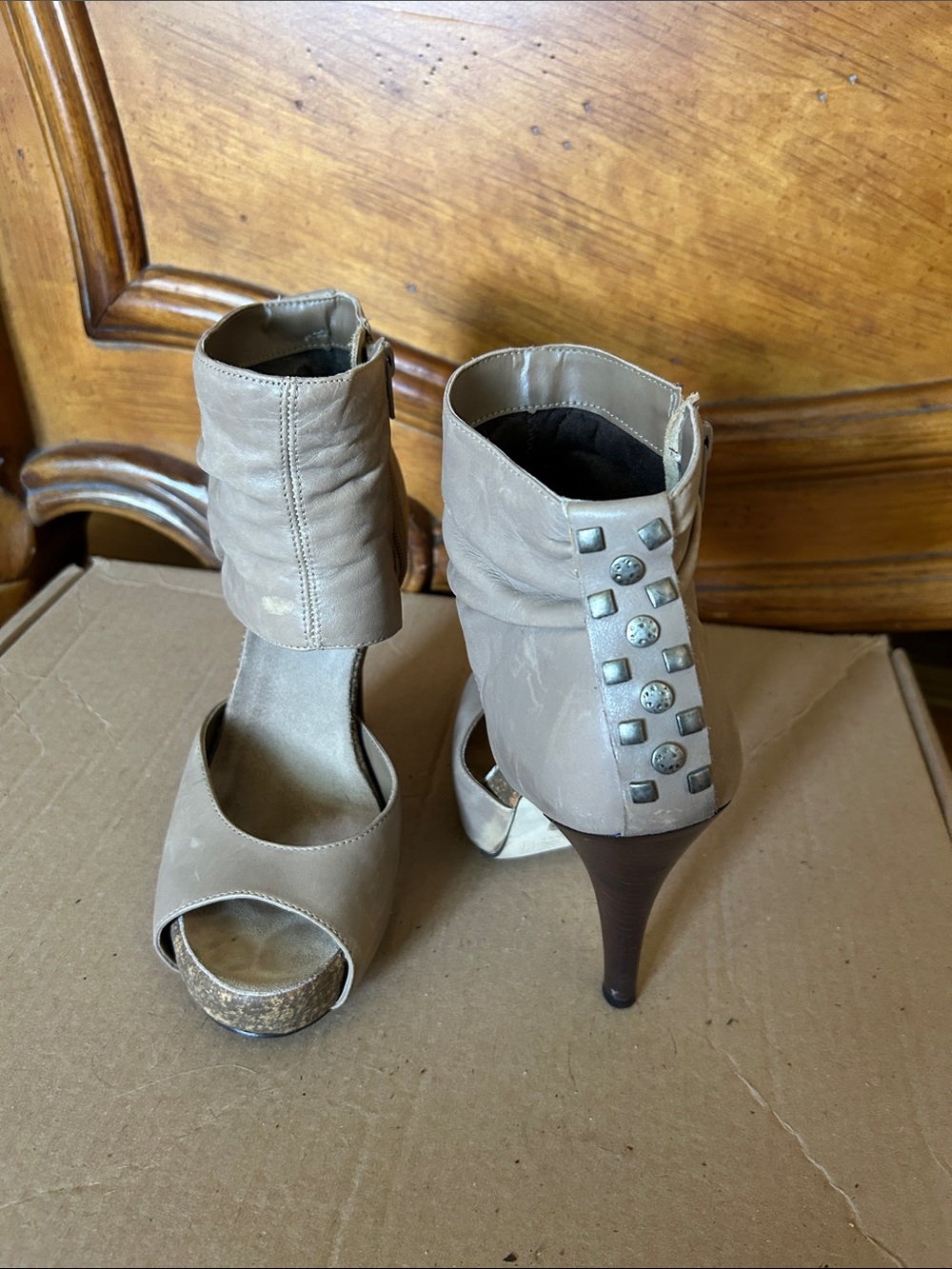 Steve Madden Taupe Studded Peep-Toe Ankle Booties